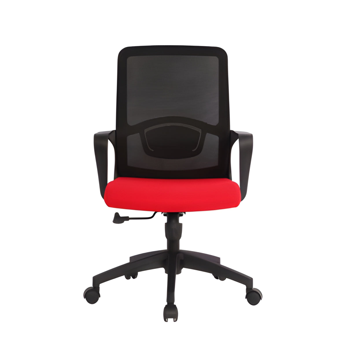 網布中背辦公椅，人體工學支撐設計，適合會議室和洽談區使用。 The mesh back office chair features an ergonomic support design, suitable for use in meeting rooms and negotiation areas.