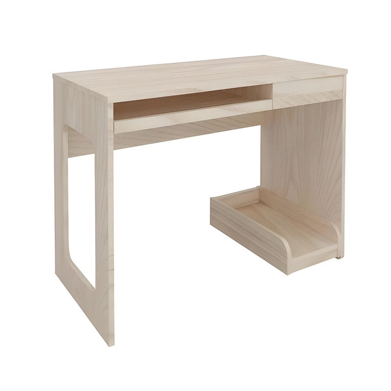 极简风格木制教师书桌，配备单个实用收纳抽屉与下方置物盒。采用稳固的几何桌脚设计，自然木纹质感适合蒙特梭利或现代风格教室使用。Minimalist wooden teacher desk featuring a single storage drawer and a bottom storage box. Designed with sturdy geometric legs and natural wood grain, ideal for Montessori or modern classrooms.