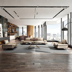 米色現代人體工學沙發椅，黑色方形椅腳，極簡設計，高靠背支撐，適用於居家、辦公室及商業空間 Beige modern ergonomic accent chair with black legs, minimalist high-back design, suitable for homes, offices, and commercial lounge areas with premium comfort