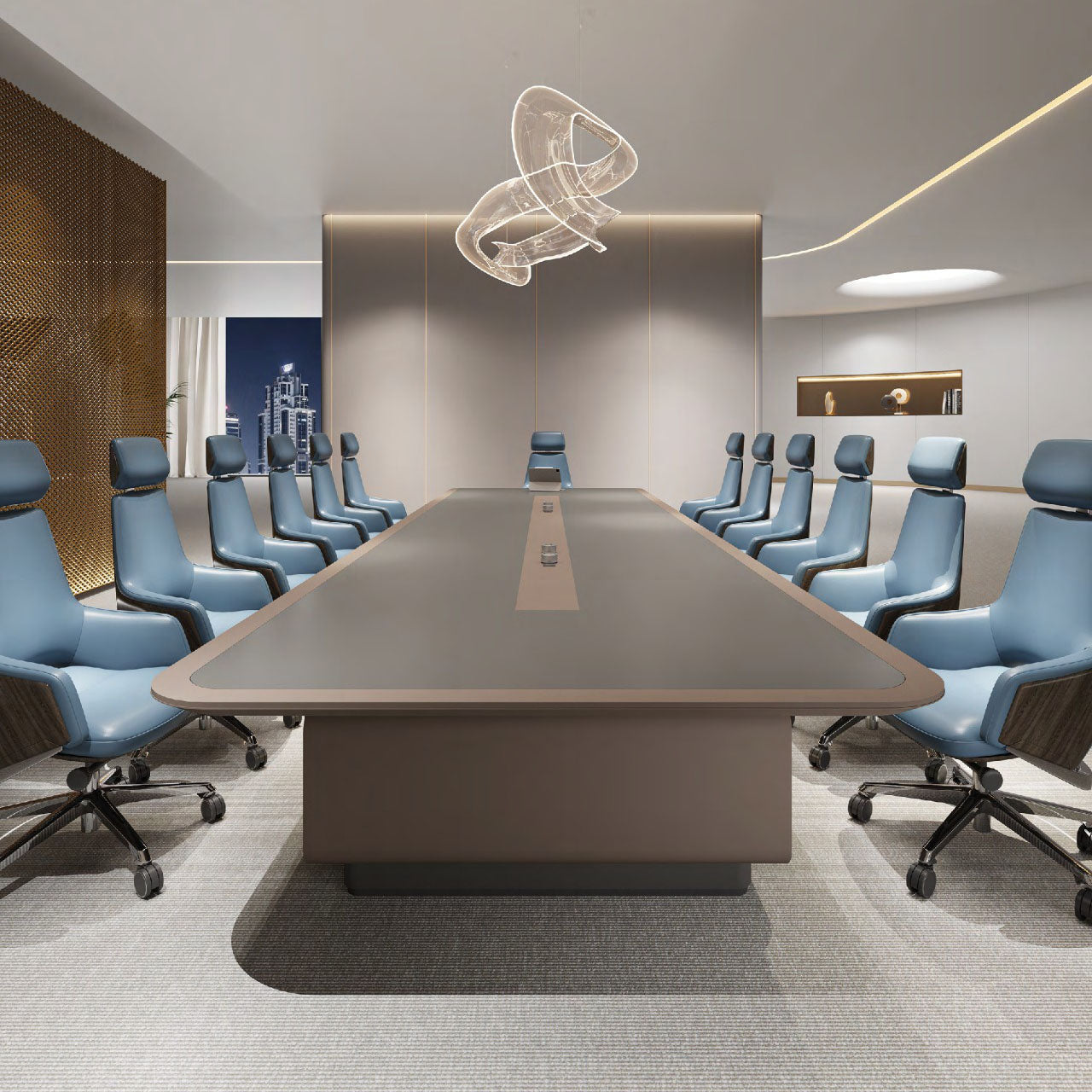 企業會議室展示大型會議桌配藍灰色座椅、現代照明系統及城市景觀窗,適合高階商務洽談與決策會議Corporate conference room showcasing large meeting table with blue-gray seating, modern lighting system and cityscape windows for executive meetings