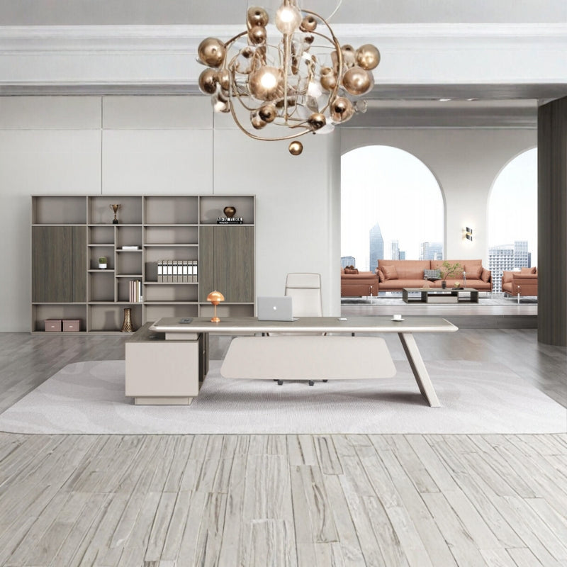 時尚寫字枱配木質面板，融合現代辦公室設計，附儲物架及工作座位，提供人體工學工作環境 Elegant modern office desk with wood panel features and storage shelving, offering ergonomic workspace design for contemporary office environments