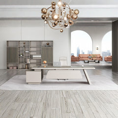 時尚寫字枱配木質面板，融合現代辦公室設計，附儲物架及工作座位，提供人體工學工作環境 Elegant modern office desk with wood panel features and storage shelving, offering ergonomic workspace design for contemporary office environments