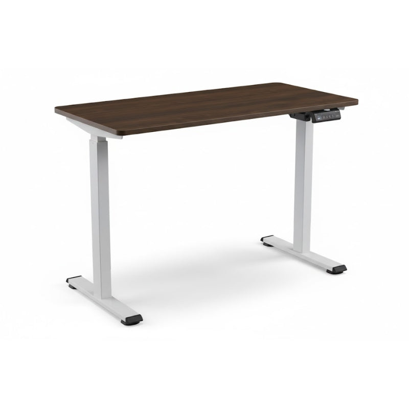 電動升降辦公桌，雙人背靠背設計，白色桌面配黑色隱私隔板與可調高度柱腳，適合開放式辦公環境 Dual back-to-back electric height adjustable standing desk with white tabletop, black privacy divider, and adjustable legs for shared office spaces