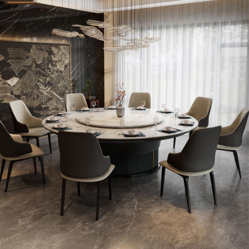 新中式豪華電動轉盤餐桌，圓形大理石桌面搭配皮革或絨布餐椅，8-12人位設計，適合高檔餐廳及宴會廳使用，典雅時尚   Luxury Chinese-style round dining table with electric lazy Susan, marble top and leather or fabric chairs, seats 8-12, ideal for upscale restaurants and banquet halls, elegant and stylish