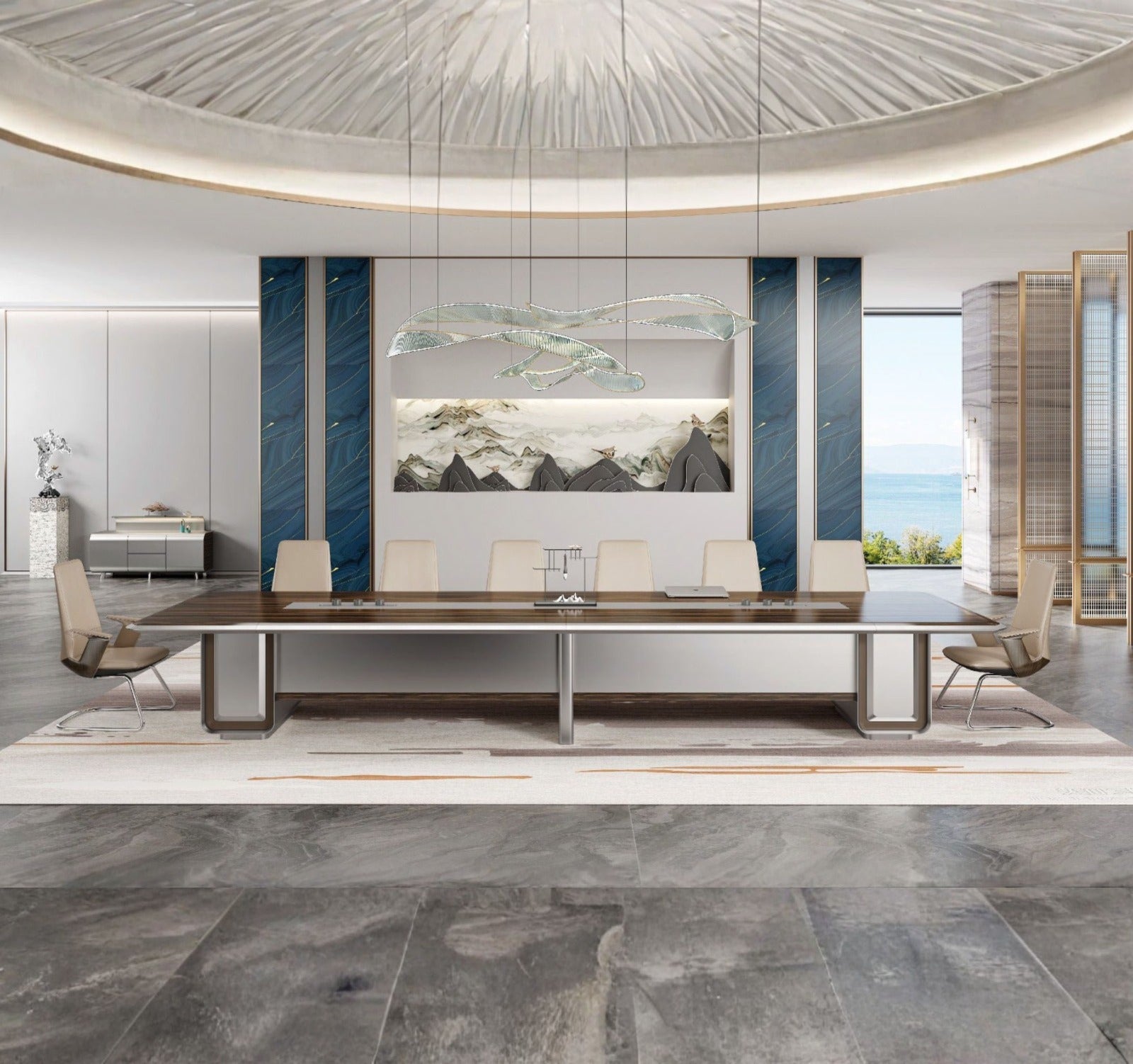 高級會議桌細部:條狀胡桃木貼皮桌面中央配置電源模組,適合商務洽談與辦公使用Premium conference table detail: striped walnut veneer surface with central power module for business meetings and office use