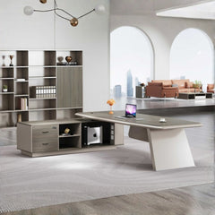 時尚寫字枱配木質面板，融合現代辦公室設計，附儲物架及工作座位，提供人體工學工作環境 Elegant modern office desk with wood panel features and storage shelving, offering ergonomic workspace design for contemporary office environments