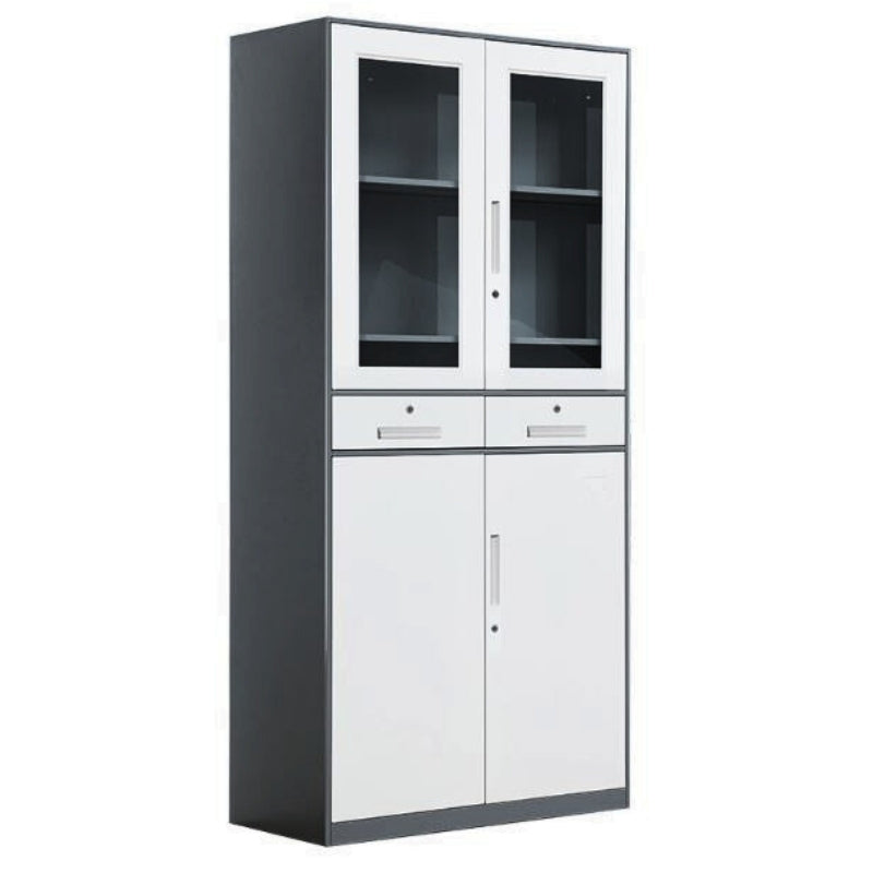 灰白色鋼製辦公文件櫃組合 Grey White steel office file cabinet 玻璃門透明收納多層儲物櫃 glass door multi-layer storage