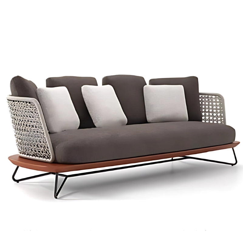 時尚編織戶外沙發套裝，配備三座位沙發及兩張單人扶手椅，置於陽光明媚天台，背景是香港城市和山景。露台休閑家具組合搭配米色坐墊，適合戶外聚會。Stylish woven outdoor sofa set with three-seater sofa and armchairs on a sunny Hong Kong rooftop terrace with city and mountain views. Patio furniture set features beige cushions, perfect for outdoor gatherings.