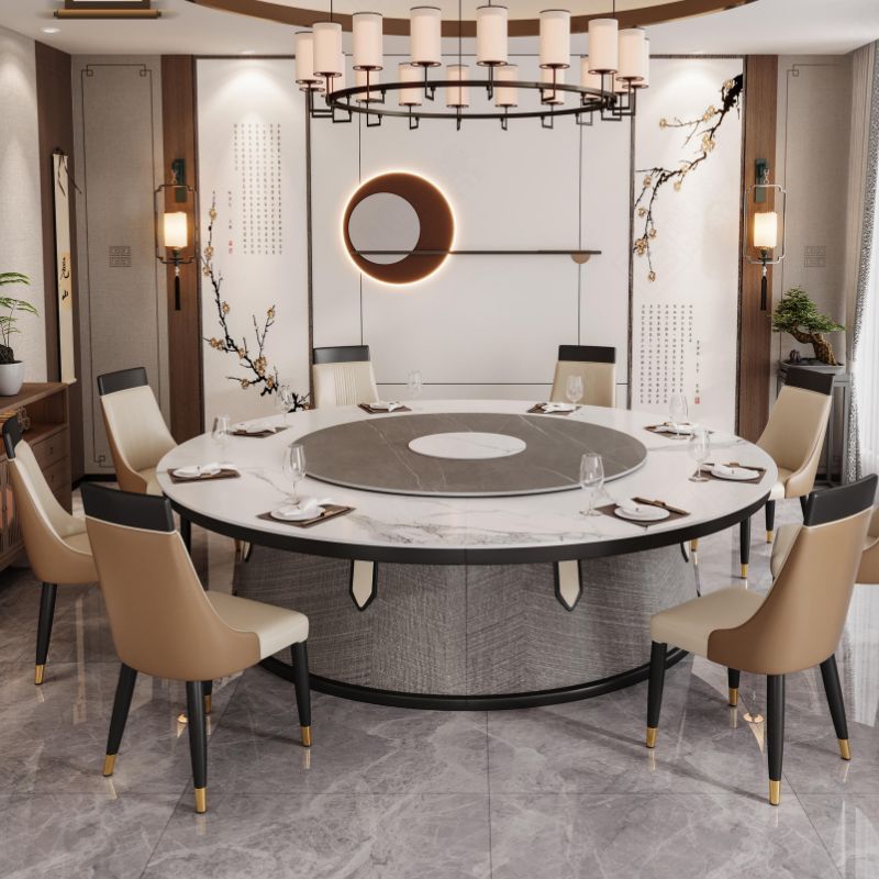 新中式豪華電動轉盤餐桌，圓形大理石桌面搭配皮革或絨布餐椅，8-12人位設計，適合高檔餐廳及宴會廳使用，典雅時尚   Luxury Chinese-style round dining table with electric lazy Susan, marble top and leather or fabric chairs, seats 8-12, ideal for upscale restaurants and banquet halls, elegant and stylish