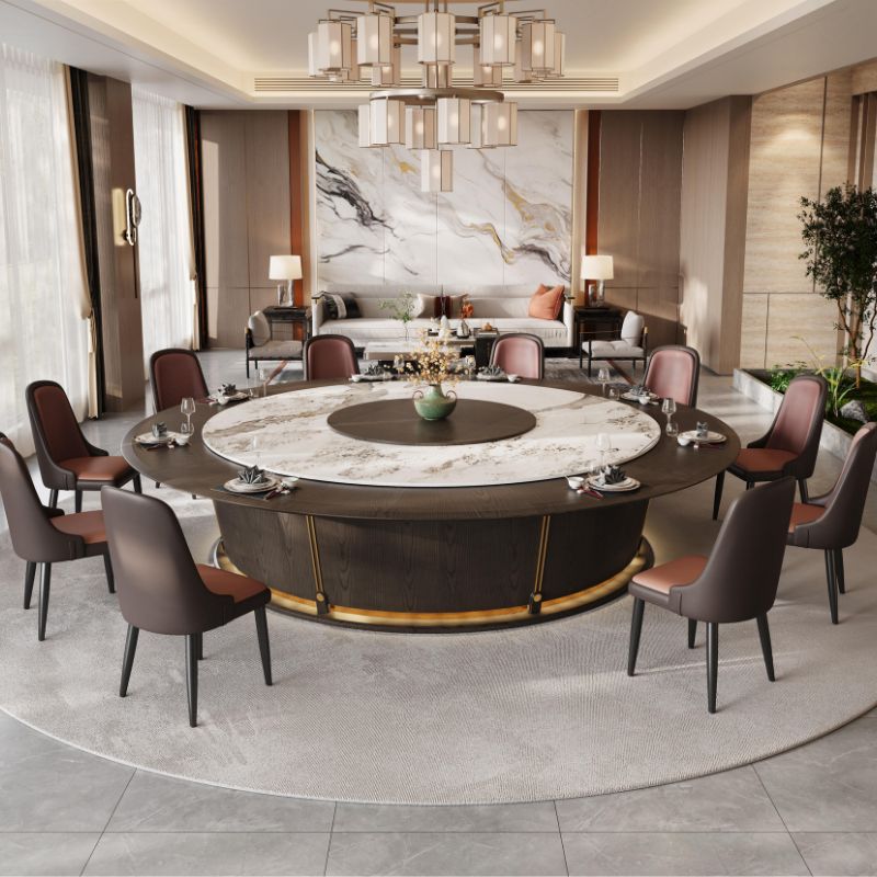 新中式豪華電動轉盤餐桌，圓形大理石桌面搭配皮革或絨布餐椅，8-12人位設計，適合高檔餐廳及宴會廳使用，典雅時尚   Luxury Chinese-style round dining table with electric lazy Susan, marble top and leather or fabric chairs, seats 8-12, ideal for upscale restaurants and banquet halls, elegant and stylish