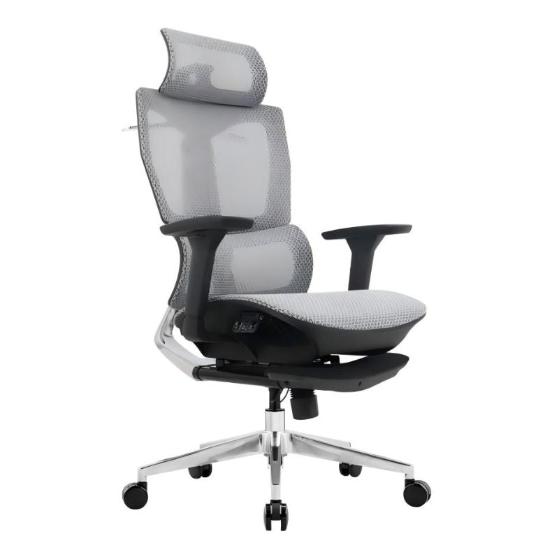 人體工學椅，灰色網布設計，帶頭枕與可調扶手，現代辦公椅適合久坐支撐背部。Ergonomic office chair with grey mesh, headrest, adjustable armrests, modern design for back support.