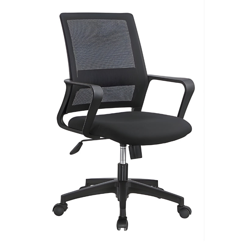 黑色中背網布辦公椅，黑色扶手和座墊，人體工學支撐，360度旋轉輪椅，透氣網布材質，適用於現代辦公室 Black mesh back office task chair with padded seat, ergonomic support, 360-degree swivel casters, breathable mesh, suitable for contemporary offices and remote work spaces