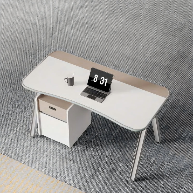 現代工作桌配A形金屬腿設計，白色面板與灰色支架，簡約風格適合香港辦公室傢俱和居家辦公   Contemporary work desk with A-frame metal legs, white top and gray pedestal structure, minimalist design for modern office and home workspace