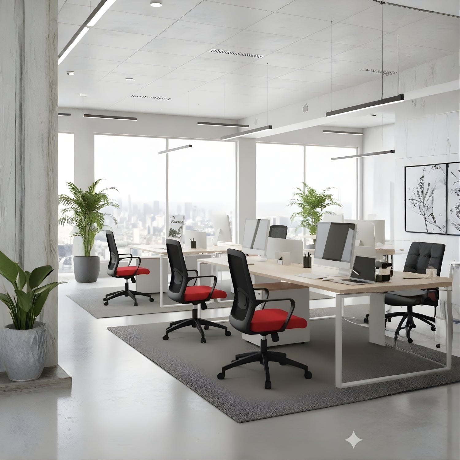 網布中背辦公椅，人體工學支撐設計，適合會議室和洽談區使用。 The mesh back office chair features an ergonomic support design, suitable for use in meeting rooms and negotiation areas.