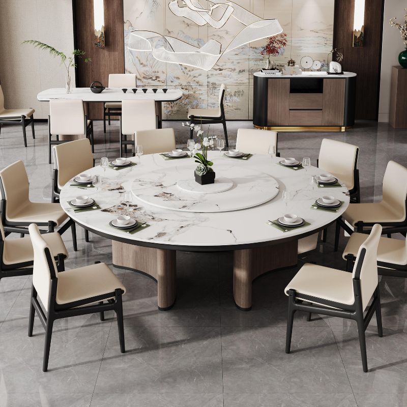 新中式豪華電動轉盤餐桌，圓形大理石桌面搭配皮革或絨布餐椅，8-12人位設計，適合高檔餐廳及宴會廳使用，典雅時尚   Luxury Chinese-style round dining table with electric lazy Susan, marble top and leather or fabric chairs, seats 8-12, ideal for upscale restaurants and banquet halls, elegant and stylish