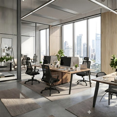 黑色中背網布辦公椅，黑色扶手和座墊，人體工學支撐，360度旋轉輪椅，透氣網布材質，適用於現代辦公室 Black mesh back office task chair with padded seat, ergonomic support, 360-degree swivel casters, breathable mesh, suitable for contemporary offices and remote work spaces