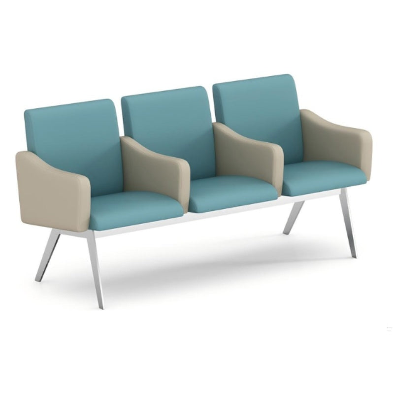 醫院等候椅：2-3人位多款，藍色座墊、米色扶手、銀色椅架，診所首選  Hospital waiting chair collection: 2-3 seater designs with blue cushions, beige armrests, silver frame