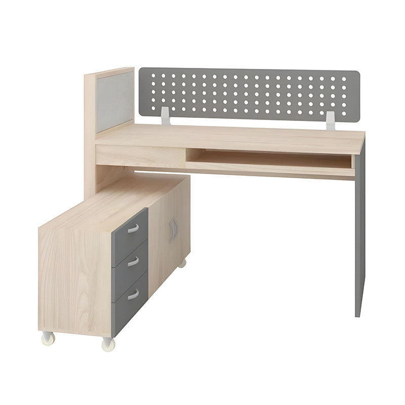 极简风格木制教师书桌，配备单个实用收纳抽屉与下方置物盒。采用稳固的几何桌脚设计，自然木纹质感适合蒙特梭利或现代风格教室使用。Minimalist wooden teacher desk featuring a single storage drawer and a bottom storage box. Designed with sturdy geometric legs and natural wood grain, ideal for Montessori or modern classrooms.