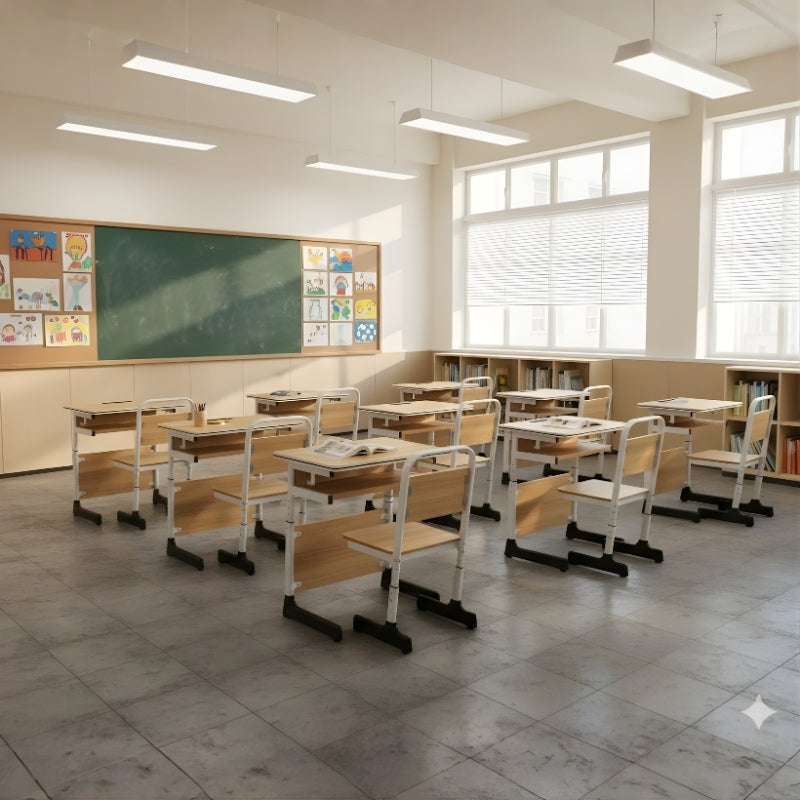 升降學生課桌椅套裝，具多層儲物位、可升降調整及防滑設計，適合香港學校、補習中心及兒童房的專業課室桌椅 The adjustable student desk and chair set features multiple storage compartments, adjustable height function and anti-slip design. It is suitable for professional classrooms in Hong Kong schools, tutorial centers and children's rooms