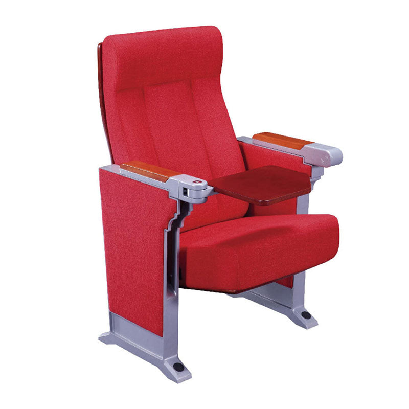 高級禮堂椅，紅布套升降靠背設計，配合鋁合金椅架，廣泛應用於演講廳、會議室、劇院等場景，提供舒適的觀看體驗。Premium auditorium seating chair with red upholstered backrest, aluminum frame structure. Ideal for theaters, conference halls, and lecture venues. Ergonomic design for optimal viewing comfort.