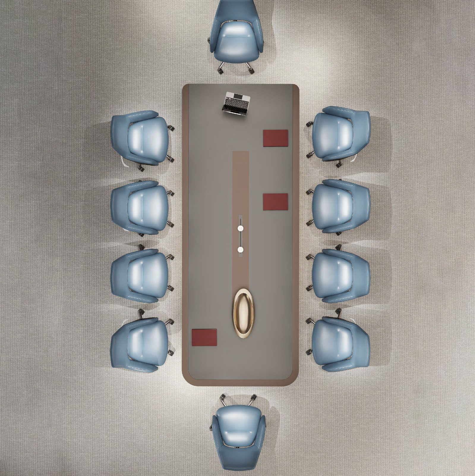 企業會議室展示大型會議桌配藍灰色座椅、現代照明系統及城市景觀窗,適合高階商務洽談與決策會議Corporate conference room showcasing large meeting table with blue-gray seating, modern lighting system and cityscape windows for executive meetings