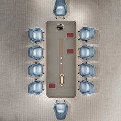 企業會議室展示大型會議桌配藍灰色座椅、現代照明系統及城市景觀窗,適合高階商務洽談與決策會議Corporate conference room showcasing large meeting table with blue-gray seating, modern lighting system and cityscape windows for executive meetings