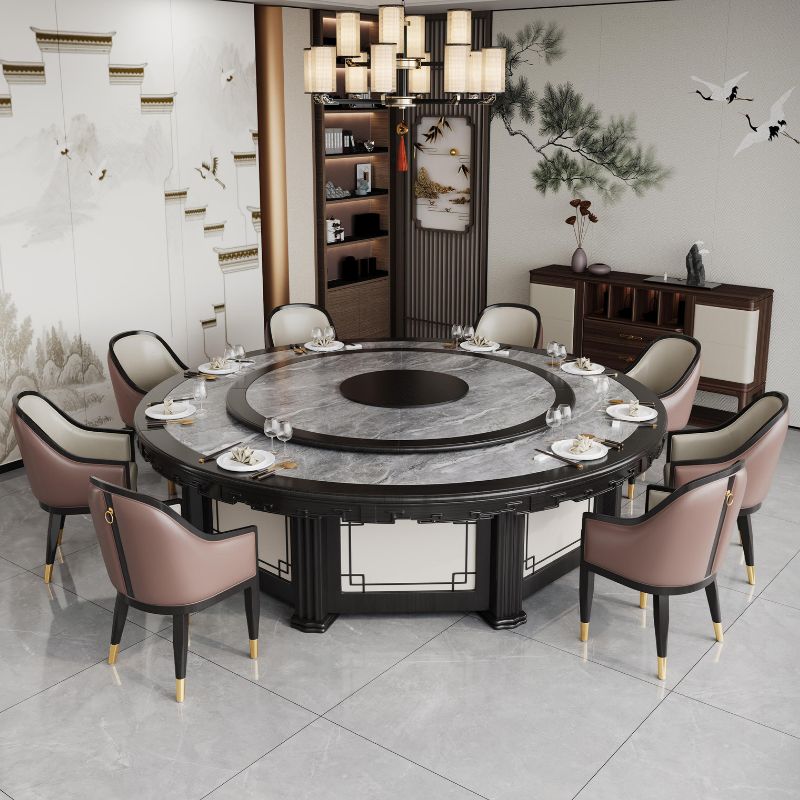 新中式豪華電動轉盤餐桌，圓形大理石桌面搭配皮革或絨布餐椅，8-12人位設計，適合高檔餐廳及宴會廳使用，典雅時尚   Luxury Chinese-style round dining table with electric lazy Susan, marble top and leather or fabric chairs, seats 8-12, ideal for upscale restaurants and banquet halls, elegant and stylish