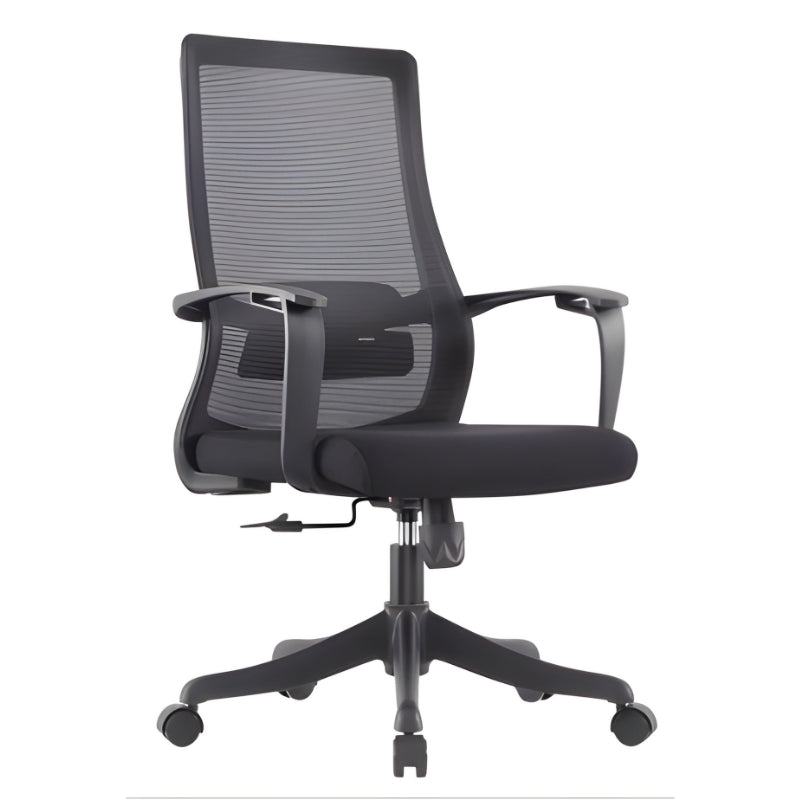 黑色網布高背辦公椅，可調頭枕與扶手，氣壓升降系統，360度旋轉輪，適合辦公室日常工作使用 Black mesh high-back office chair with adjustable headrest and armrests, gas lift system, 360-degree swivel casters, ideal for daily office work environments