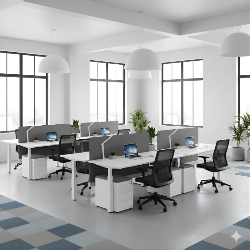 電動升降辦公桌，雙人背靠背設計，白色桌面配黑色隱私隔板與可調高度柱腳，適合開放式辦公環境 Dual back-to-back electric height adjustable standing desk with white tabletop, black privacy divider, and adjustable legs for shared office spaces