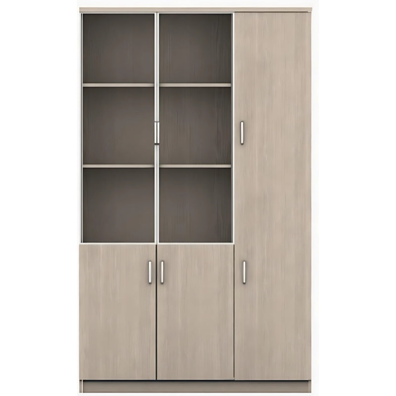 辦公室多功能文件儲物櫃 - 灰木板材藍色裝飾條設計，開放格架展示收納，封閉櫃門私密存放 | Modern office storage cabinet with grey wood finish, blue accents, open shelves & closed compartments