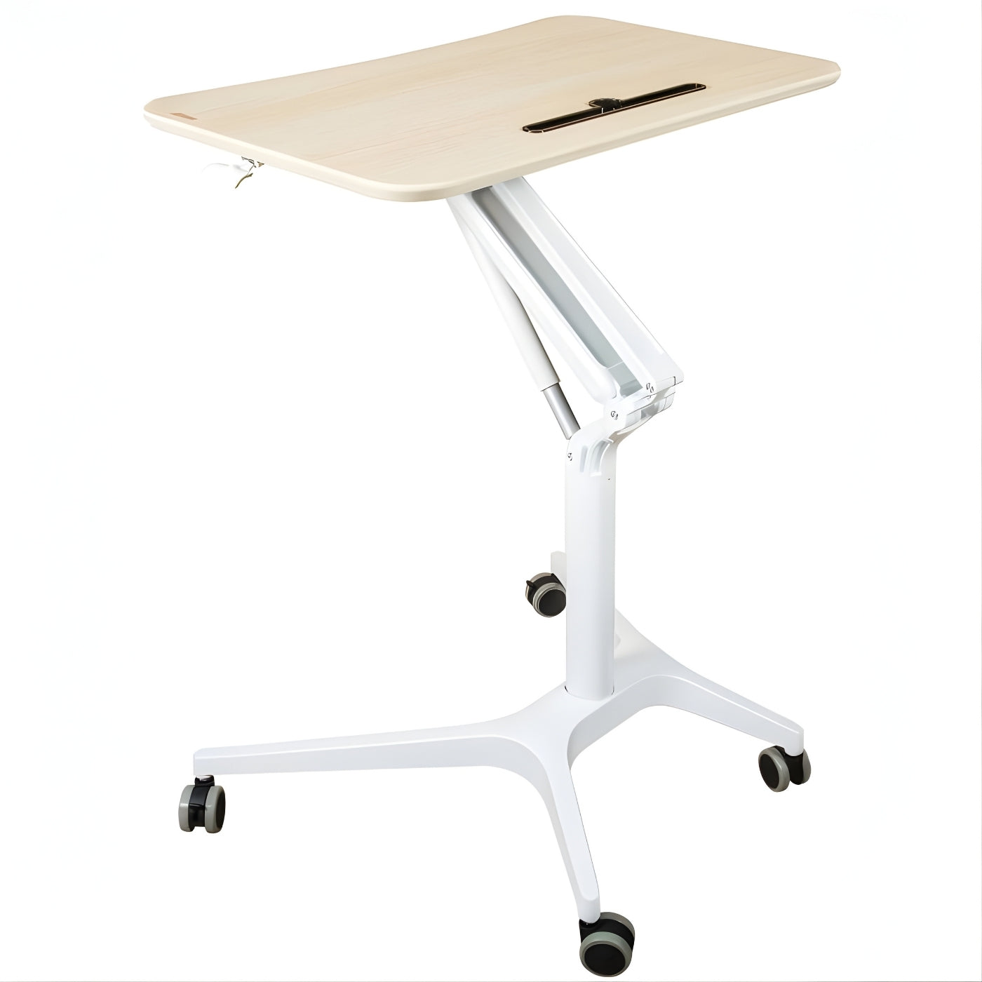 可調節高度氣動升降台|移動工作台|白色支架、木紋桌面、萬向輪設計|適用辦公室、家居、教學|Pneumatic Adjustable Height Mobile Workstation for Office and Home