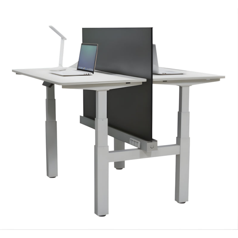 電動升降辦公桌，雙人背靠背設計，白色桌面配黑色隱私隔板與可調高度柱腳，適合開放式辦公環境 Dual back-to-back electric height adjustable standing desk with white tabletop, black privacy divider, and adjustable legs for shared office spaces