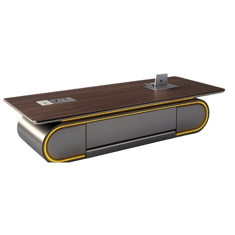 豪華弧形會議桌配中央電源系統,金色金屬邊框搭配流線型底座設計,打造高端商務空間Luxury curved conference table with central power system, gold metal trim and streamlined base design for premium business space