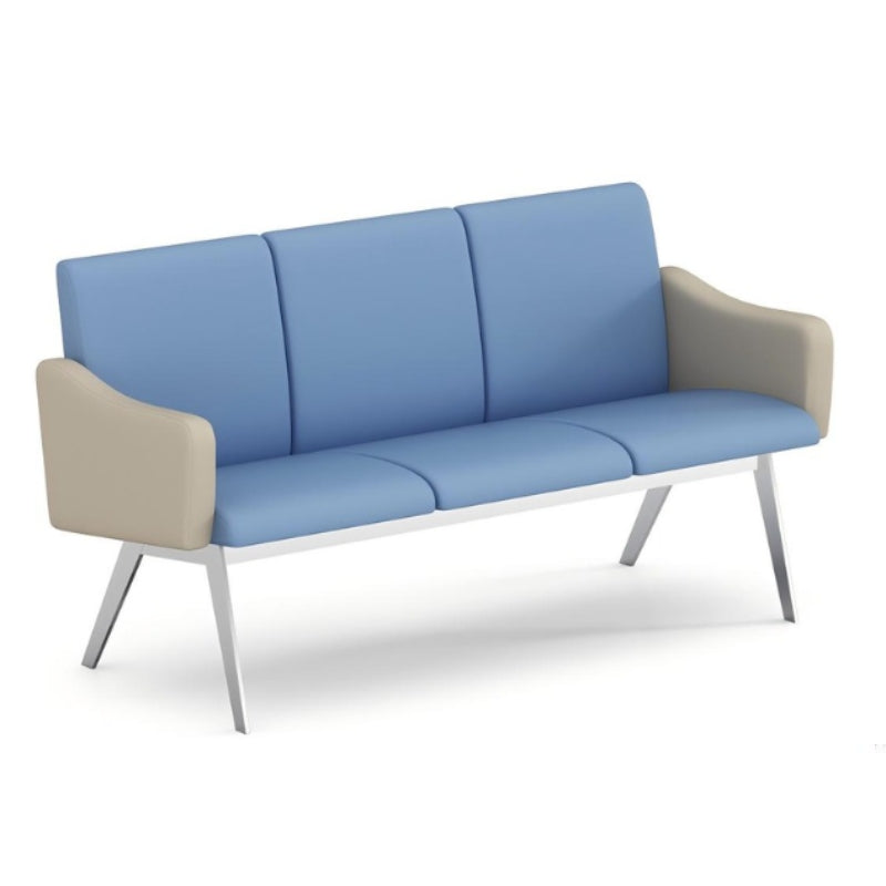 醫院等候椅：2-3人位多款，藍色座墊、米色扶手、銀色椅架，診所首選  Hospital waiting chair collection: 2-3 seater designs with blue cushions, beige armrests, silver frame