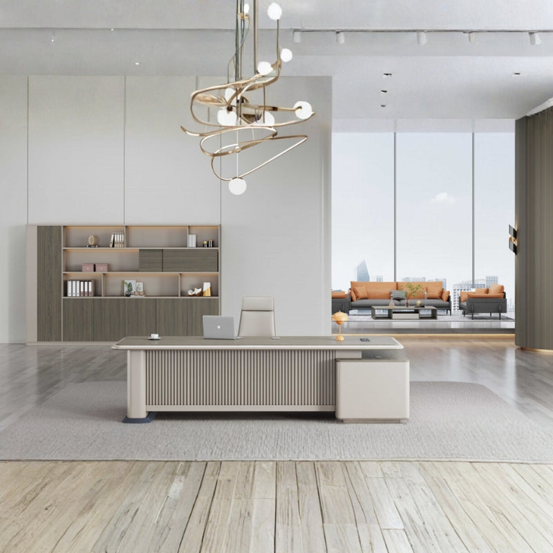 時尚寫字枱配木質面板，融合現代辦公室設計，附儲物架及工作座位，提供人體工學工作環境 Elegant modern office desk with wood panel features and storage shelving, offering ergonomic workspace design for contemporary office environments