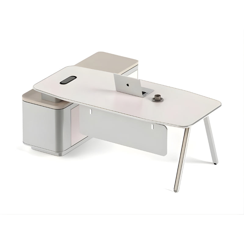 L型主管辦公桌組合，白色簡約設計配側櫃，香港辦公室傢俬首選    L-shaped manager desk set in white minimalist design with cabinet, top Hong Kong office furniture