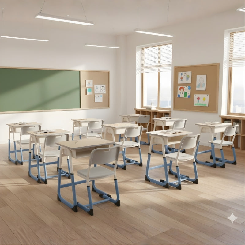 升降學生課桌椅套裝，具多層儲物位、可升降調整及防滑設計，適合香港學校、補習中心及兒童房的專業課室桌椅 The adjustable student desk and chair set features multiple storage compartments, adjustable height function and anti-slip design. It is suitable for professional classrooms in Hong Kong schools, tutorial centers and children's rooms