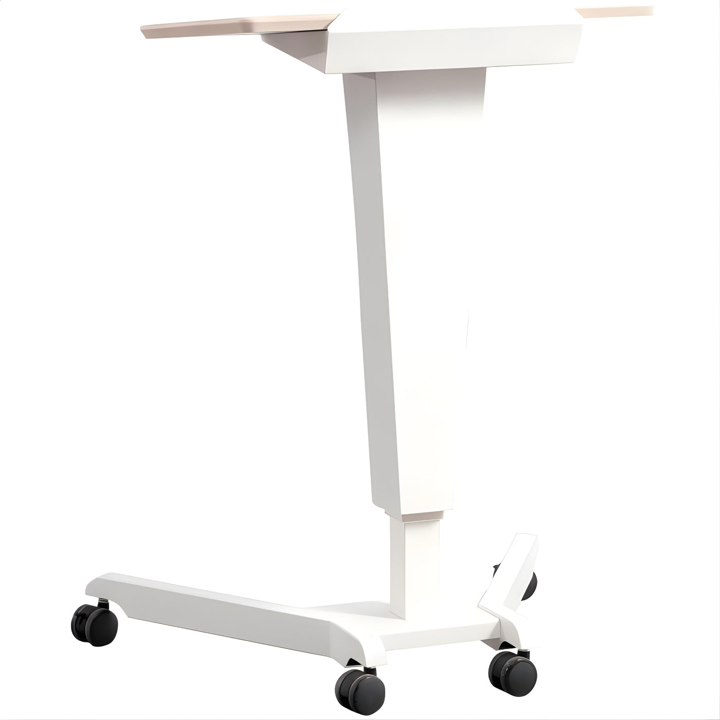 可調節高度氣動升降台|移動工作台|白色支架、木紋桌面、萬向輪設計|適用辦公室、家居、教學|Pneumatic Adjustable Height Mobile Workstation for Office and Home