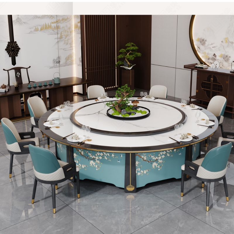 新中式豪華電動轉盤餐桌，圓形大理石桌面搭配皮革或絨布餐椅，8-12人位設計，適合高檔餐廳及宴會廳使用，典雅時尚   Luxury Chinese-style round dining table with electric lazy Susan, marble top and leather or fabric chairs, seats 8-12, ideal for upscale restaurants and banquet halls, elegant and stylish