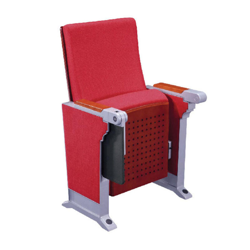 高級禮堂椅，紅布套升降靠背設計，配合鋁合金椅架，廣泛應用於演講廳、會議室、劇院等場景，提供舒適的觀看體驗。Premium auditorium seating chair with red upholstered backrest, aluminum frame structure. Ideal for theaters, conference halls, and lecture venues. Ergonomic design for optimal viewing comfort.