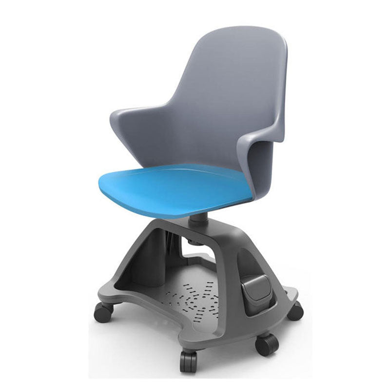 智慧教室多功能培訓椅，配備輪滑底座、翻轉書架、可調式記事板，白色座椅搭配彩色座墊設計。該培訓椅具有靈活性，適用於課堂討論、小組合作、互動教學等多種學習場景。整體設計簡潔現代，集成度高，提升課堂教學效率。Smart classroom multi-functional training chair with wheeled base, flip-around bookshelf, and adjustable writing tablet. Features white shell seat with colorful cushion options. Ideal for collaborative learning, group discussions, and interactive teaching. Modern, integrated design that enhances classroom efficiency and student engagement.