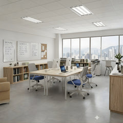 網布中背辦公椅，人體工學支撐設計，適合會議室和洽談區使用。 The mesh back office chair features an ergonomic support design, suitable for use in meeting rooms and negotiation areas.