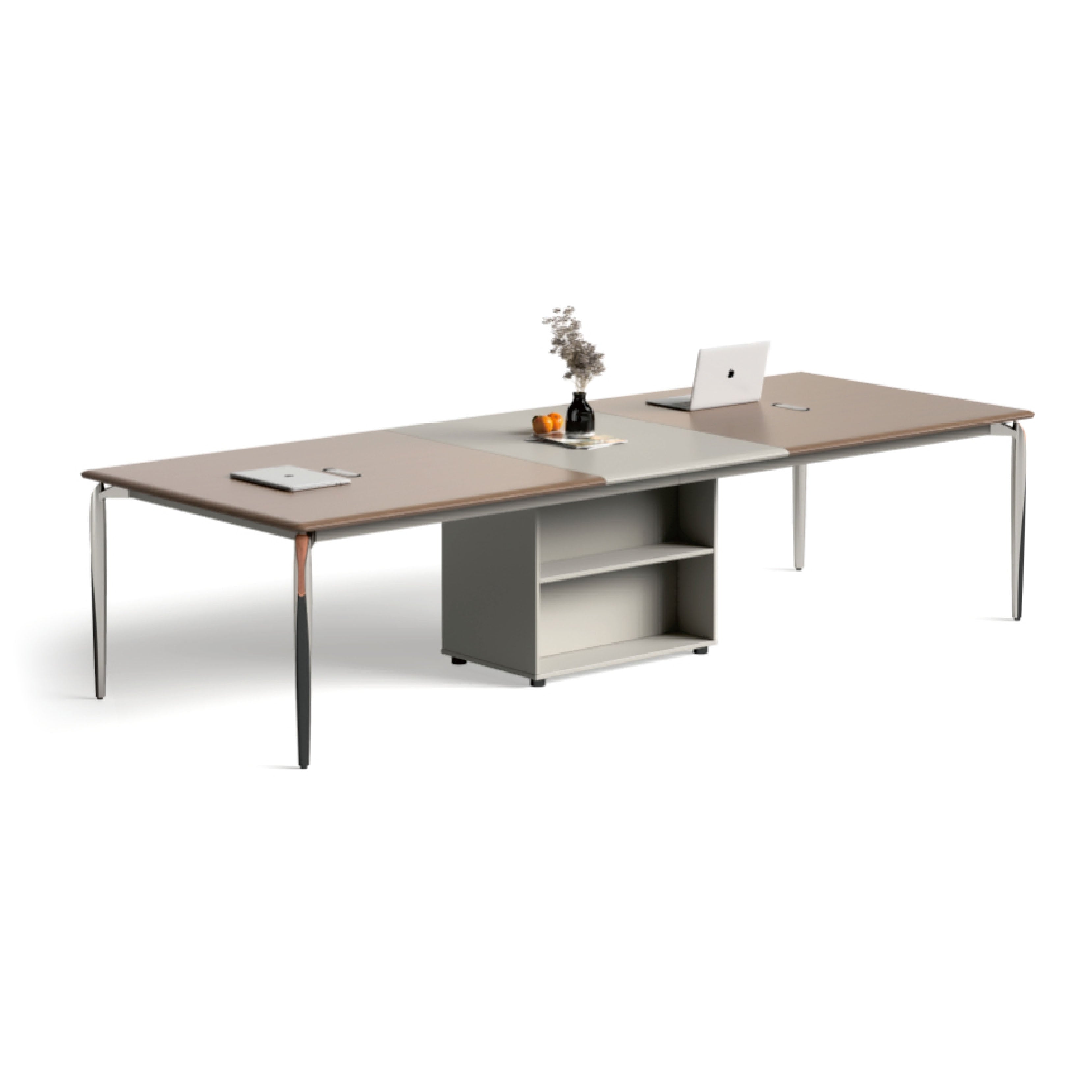 現代簡約大型會議室配木紋長枱及十張白色辦公椅,明亮採光空間適合企業高層會議與商務洽談Modern minimalist large conference room with wood-grain table and ten white office chairs in bright naturally-lit space for executive meetings