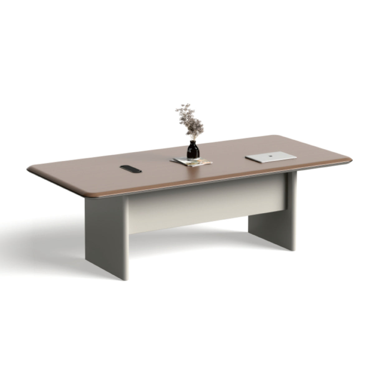 現代簡約大型會議室配木紋長枱及十張白色辦公椅,明亮採光空間適合企業高層會議與商務洽談Modern minimalist large conference room with wood-grain table and ten white office chairs in bright naturally-lit space for executive meetings