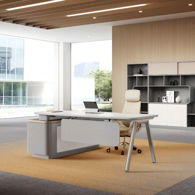 L型主管辦公桌組合，白色簡約設計配側櫃，香港辦公室傢俬首選    L-shaped manager desk set in white minimalist design with cabinet, top Hong Kong office furniture