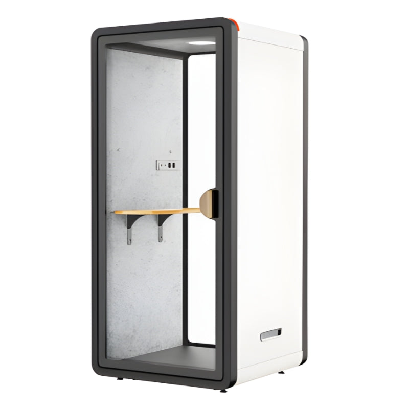 現代辦公室靜音艙，單人電話亭式隔音倉，配備透明鋼化玻璃門、內置LED照明及吸音棉隔音艙，提供私密隔音工作間適合視像會議及專注工作 Modern silent office cubicle, single-person telephone booth-style soundproof cabin, equipped with transparent tempered glass doors, built-in LED lighting and sound-absorbing cotton soundproof cabin, providing a private soundproof workspace suitable for video conferences and focused work.