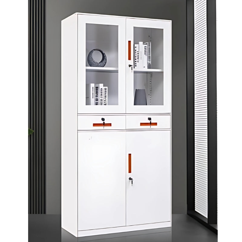 白色鋼製辦公文件櫃組合 White steel office file cabinet 玻璃門透明收納多層儲物櫃 glass door multi-layer storage