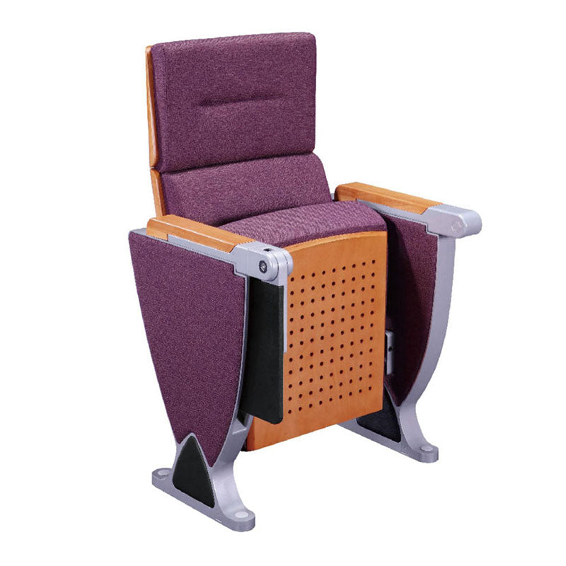 高級禮堂椅，紅布套升降靠背設計，配合鋁合金椅架，廣泛應用於演講廳、會議室、劇院等場景，提供舒適的觀看體驗。Premium auditorium seating chair with red upholstered backrest, aluminum frame structure. Ideal for theaters, conference halls, and lecture venues. Ergonomic design for optimal viewing comfort.