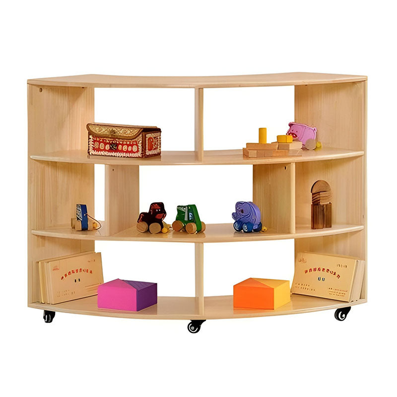 橡膠木兒童收納櫃組合，模塊化設計搭配多層書架、儲物門櫃，天然環保木質材料，適合幼兒園和家庭收納。Eco-friendly rubber wood kids' storage cabinet system featuring modular design with adjustable shelves and wooden storage doors, perfect for playrooms.