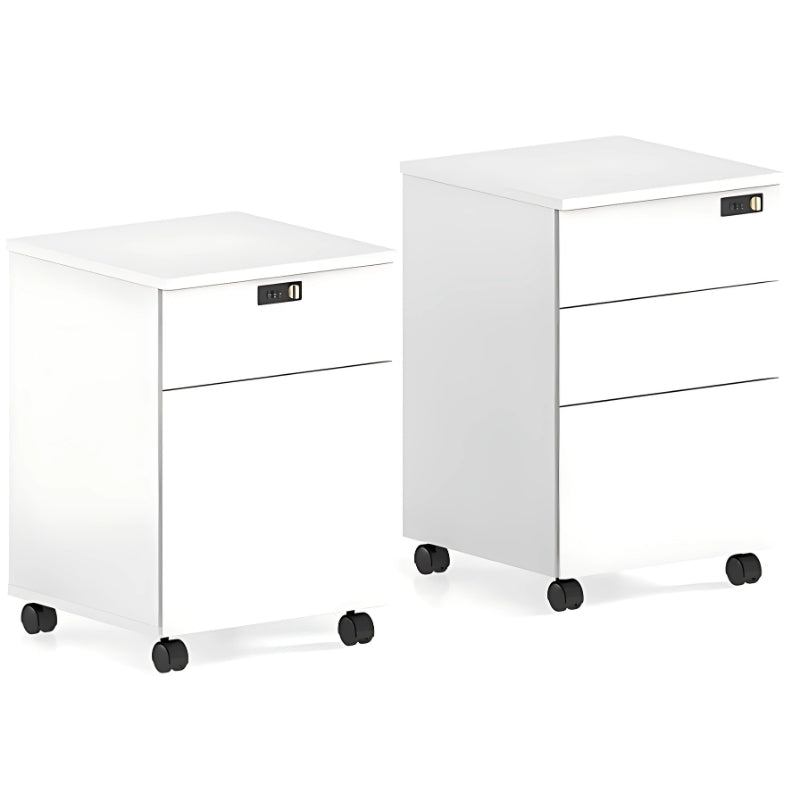 淺木紋辦公室活動檔案櫃：左側雙層右側三層抽屜設計，白色側板，底部滑輪便於辦公空間靈活移動。Light wood grain office mobile filing cabinets: two-drawer and three-drawer designs with white sides and wheels for flexible workspace organization.